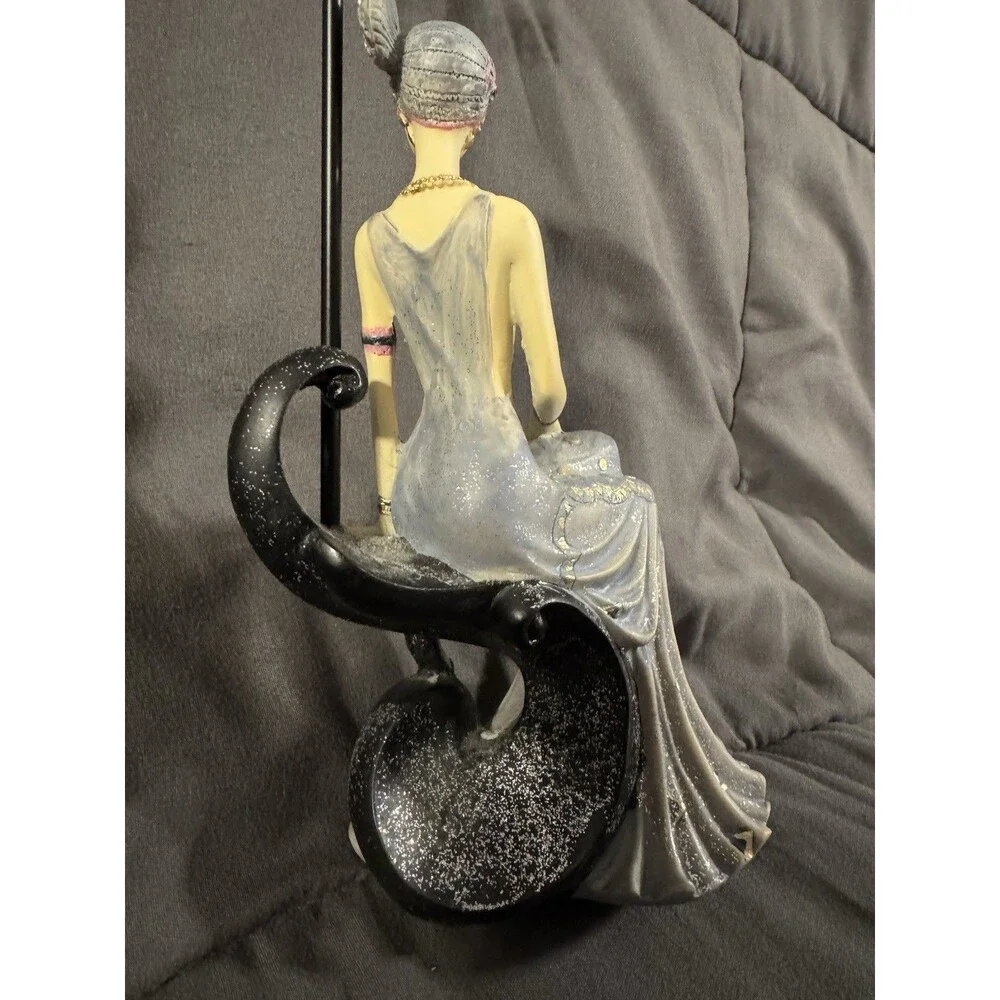 Art Deco Seated Lady Figurine Gray Dress on Black Metal Jewelry Stand Holder